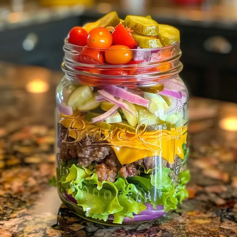 ['Close-up of a jar filled with layers of cheeseburger salad ingredients, including lettuce, ground beef, tomatoes, and cheese.', 'Side view of a salad-in-a-jar, showcasing vibrant colors from tomatoes, pickles, and lettuce arranged attractively.', 'Detailed image of a cheeseburger salad layered in a jar, highlighting fresh vegetables and ground beef for a healthy meal.', 'Close-up perspective of a jar containing a cheeseburger salad, featuring multiple colorful ingredients like cheese and onions.']