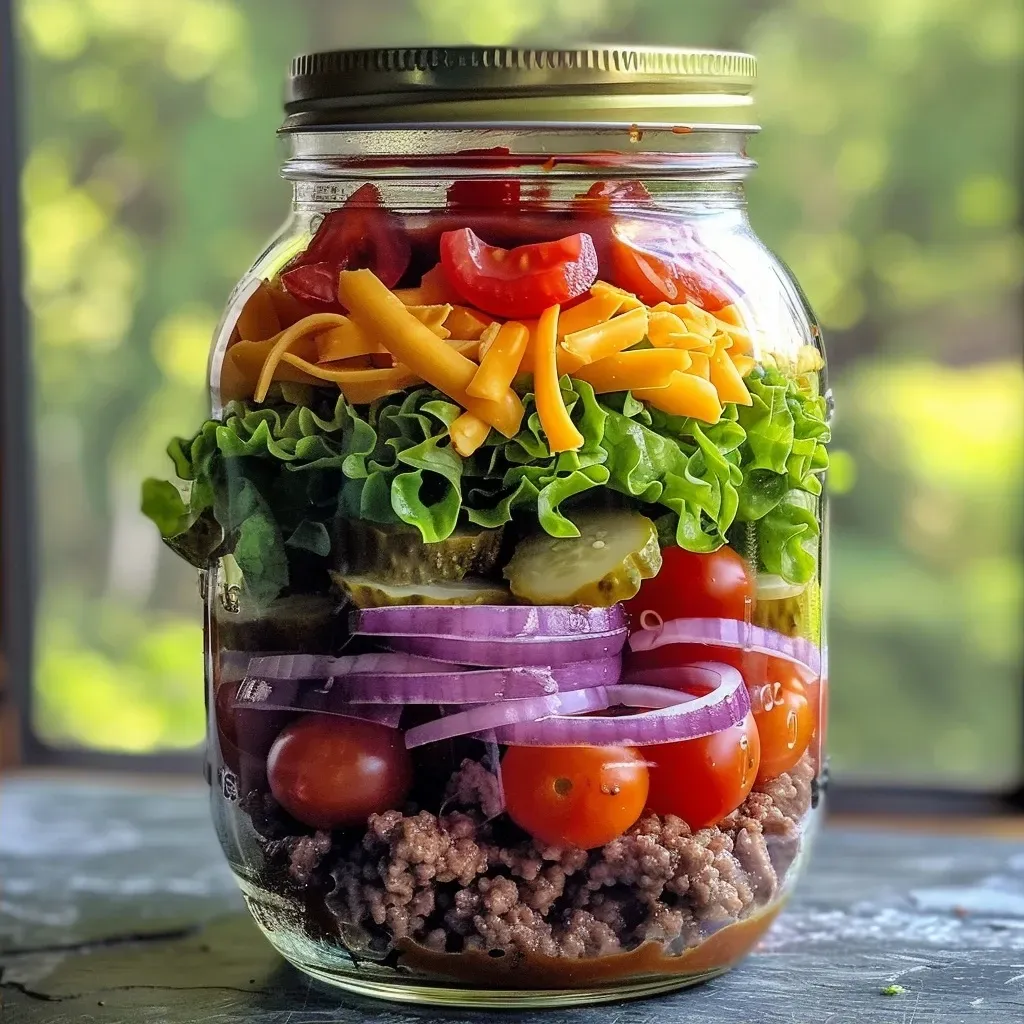 Close-up of a jar filled with layers of cheeseburger salad ingredients, including lettuce, ground beef, tomatoes, and cheese.