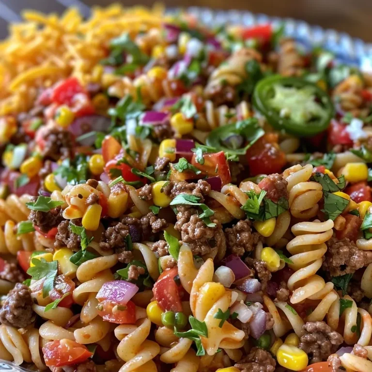 ['Close-up side view of a colorful Cheesy Taco Pasta Salad with vibrant ingredients.', 'A delicious Cheesy Taco Pasta Salad with ground beef, cheese, and fresh vegetables, captured in detail.', 'Side angle shot of Cheesy Taco Pasta Salad showcasing rotini pasta, cheese, and toppings.', 'Juicy Cheesy Taco Pasta Salad with a mix of tomatoes, jalapeños, and Doritos, displayed beautifully.']