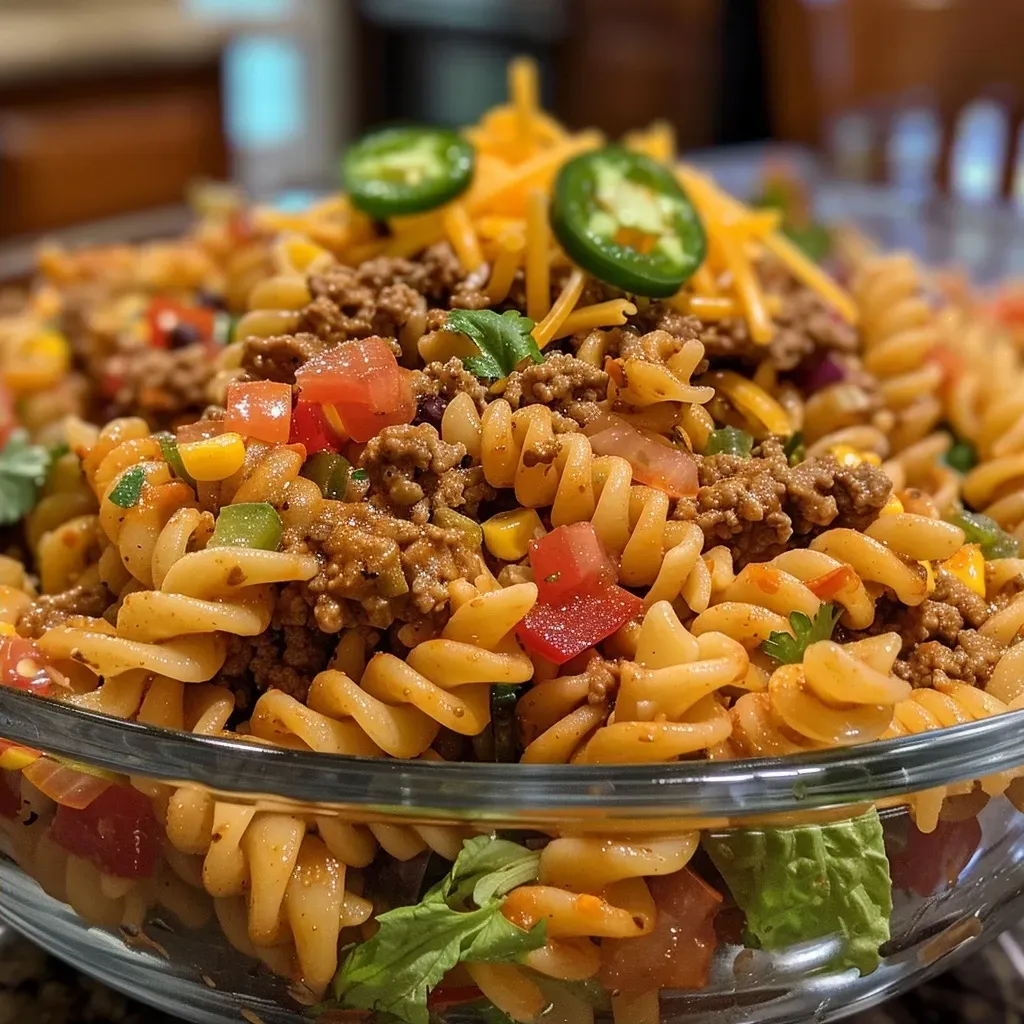['Close-up side view of a colorful Cheesy Taco Pasta Salad with vibrant ingredients.', 'A delicious Cheesy Taco Pasta Salad with ground beef, cheese, and fresh vegetables, captured in detail.', 'Side angle shot of Cheesy Taco Pasta Salad showcasing rotini pasta, cheese, and toppings.', 'Juicy Cheesy Taco Pasta Salad with a mix of tomatoes, jalapeños, and Doritos, displayed beautifully.']