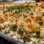 ['Close-up of a cheesy tuna rice casserole with golden melted cheese on top.', 'Side view of a juicy tuna casserole layered with rice and vegetables.', 'A delicious serving of cheesy tuna rice casserole with peas and a creamy texture.', 'A cooked tuna rice casserole showcasing melted cheese and bright vegetables.']