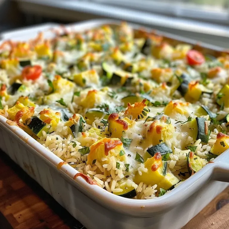 ['Close-up view of a cheesy zucchini rice casserole with diced vegetables and melted cheese.', 'Side view of a baked cheesy zucchini rice casserole, showcasing its golden top and colorful ingredients.', 'Juicy zucchini rice casserole with layers of melted cheese, zucchini, and tomatoes from a close perspective.', 'Heaping serving of cheesy zucchini rice casserole featuring zucchini cubes, corn, and a bubbly cheese crust.']
