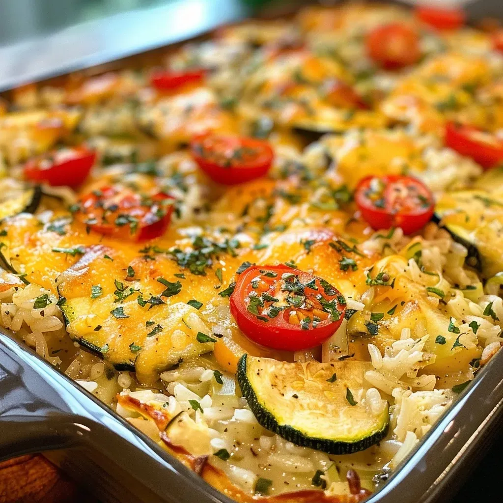 Close-up view of a cheesy zucchini rice casserole with diced vegetables and melted cheese.