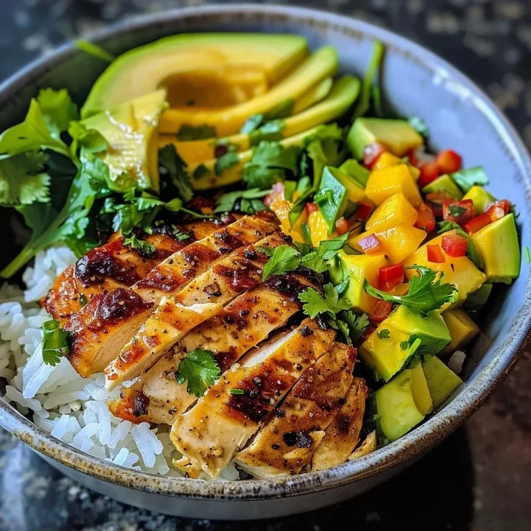 ['Close-up shot of a chicken and rice bowl with colorful toppings.', 'Side view of a delicious chicken and rice bowl showcasing its ingredients.', 'Juicy chicken and rice served with fresh vegetables and salsa.', 'Vibrant chicken and rice bowl featuring diced avocado and chopped romaine.']