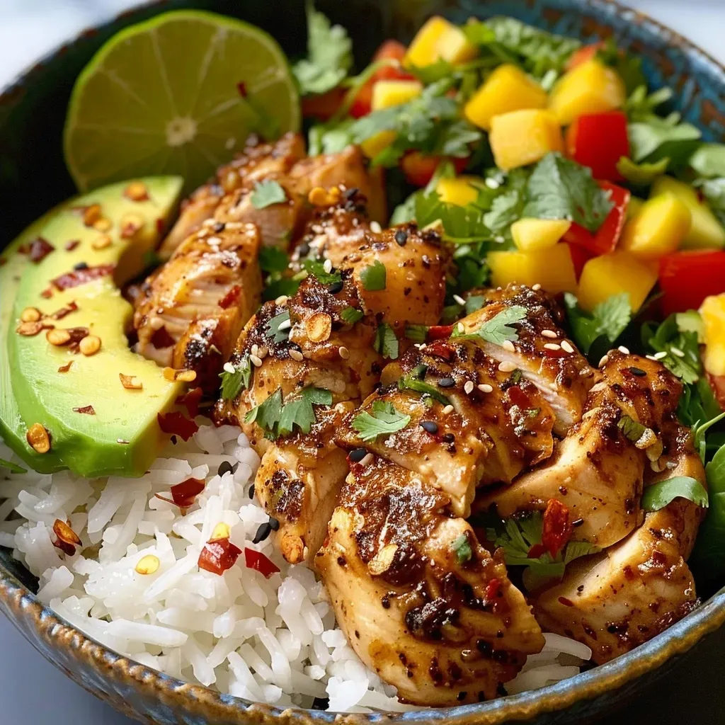 ['Close-up shot of a chicken and rice bowl with colorful toppings.', 'Side view of a delicious chicken and rice bowl showcasing its ingredients.', 'Juicy chicken and rice served with fresh vegetables and salsa.', 'Vibrant chicken and rice bowl featuring diced avocado and chopped romaine.']