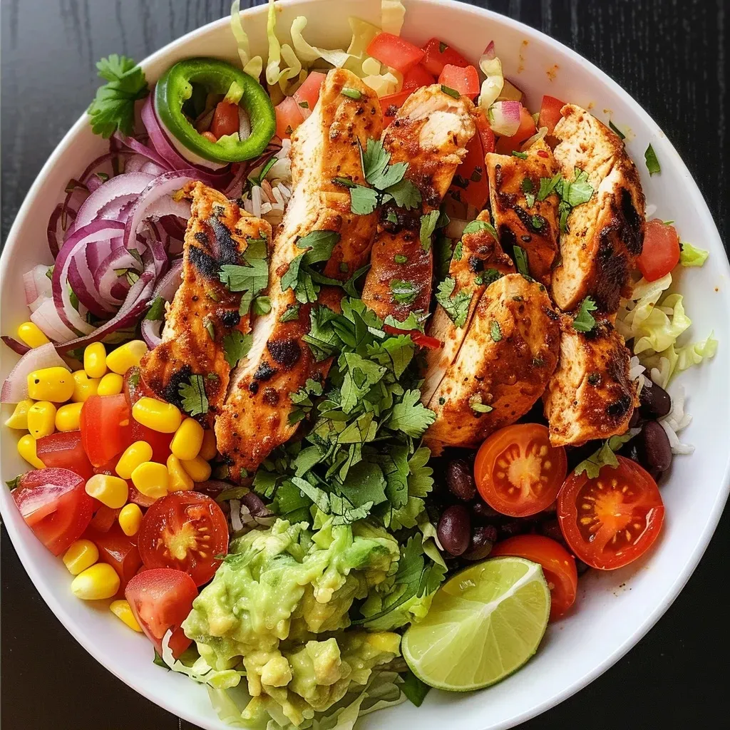 A vibrant Chicken Burrito Protein Bowl filled with chicken, rice, beans, and fresh vegetables.