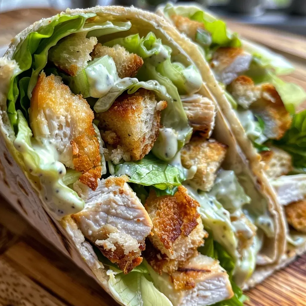 A close-up side view of a Chicken Caesar wrap filled with fresh ingredients.