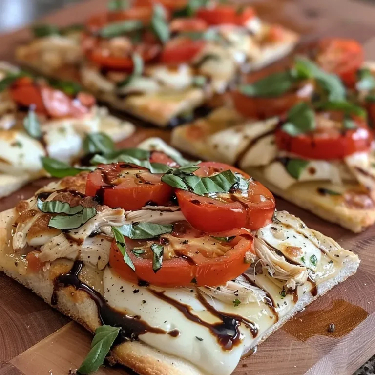 ['Close-up of Chicken Caprese Flatbread featuring chicken, tomatoes, and mozzarella.', 'Side view of a juicy Chicken Caprese Flatbread with fresh ingredients on display.', 'Tasty Chicken Caprese Flatbread garnished with basil and drizzled with balsamic glaze.', 'Detailed shot of Chicken Caprese Flatbread, showcasing layers of chicken and cheese.']