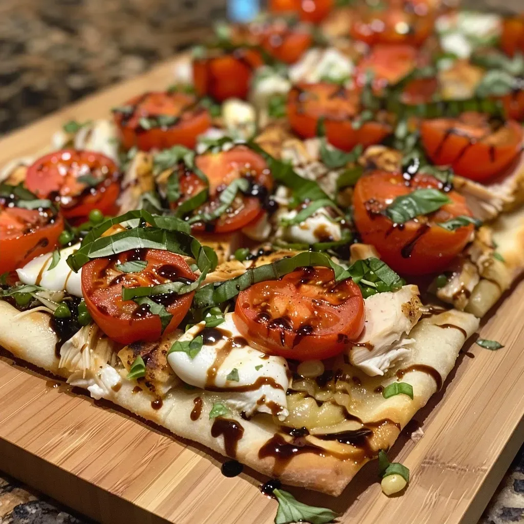 ['Close-up of Chicken Caprese Flatbread featuring chicken, tomatoes, and mozzarella.', 'Side view of a juicy Chicken Caprese Flatbread with fresh ingredients on display.', 'Tasty Chicken Caprese Flatbread garnished with basil and drizzled with balsamic glaze.', 'Detailed shot of Chicken Caprese Flatbread, showcasing layers of chicken and cheese.']