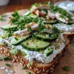 ['Close-up of a Chicken Cucumber Cottage Cheese Toast topped with fresh parsley.', 'Side view of grilled chicken and cucumber slices on high-protein bread with cottage cheese.', 'Delicious toast featuring cottage cheese, cucumber, and grilled chicken in vibrant colors.', 'Freshly prepared high-protein toast with chicken and cucumber, garnished with parsley.']