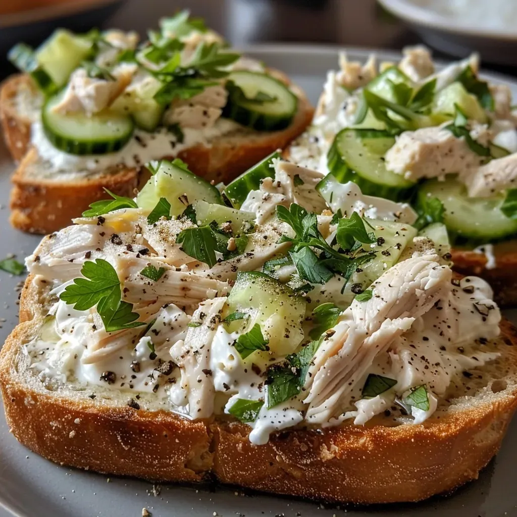['Close-up of a Chicken Cucumber Cottage Cheese Toast topped with fresh parsley.', 'Side view of grilled chicken and cucumber slices on high-protein bread with cottage cheese.', 'Delicious toast featuring cottage cheese, cucumber, and grilled chicken in vibrant colors.', 'Freshly prepared high-protein toast with chicken and cucumber, garnished with parsley.']