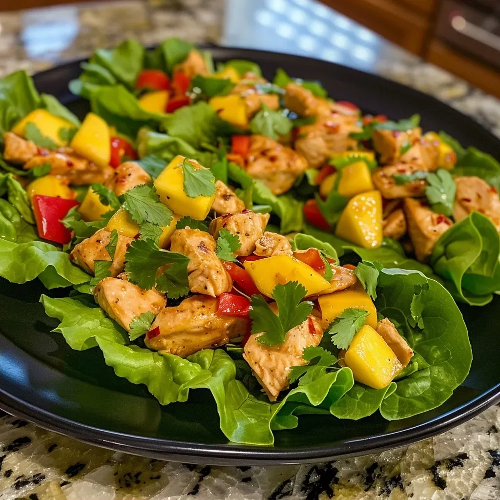 Close-up view of Chicken Mango Lettuce Wraps featuring vibrant ingredients.