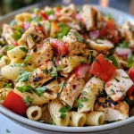 ['A close-up view of a colorful chicken pasta salad served in a bowl, featuring penne, broccoli, and diced red pepper.', 'Side view of a vibrant chicken and pasta salad, showcasing fresh ingredients like corn, onions, and a drizzle of ranch dressing.', 'A deliciously plated chicken pasta salad with small broccoli florets and bright red pepper, highlighted with a splash of olive oil.', 'Close-up of a mouthwatering chicken salad with short pasta, fresh vegetables, and garnished with herbs on a wooden surface.']
