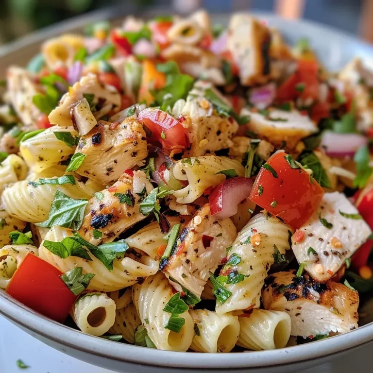 ['A close-up view of a colorful chicken pasta salad served in a bowl, featuring penne, broccoli, and diced red pepper.', 'Side view of a vibrant chicken and pasta salad, showcasing fresh ingredients like corn, onions, and a drizzle of ranch dressing.', 'A deliciously plated chicken pasta salad with small broccoli florets and bright red pepper, highlighted with a splash of olive oil.', 'Close-up of a mouthwatering chicken salad with short pasta, fresh vegetables, and garnished with herbs on a wooden surface.']