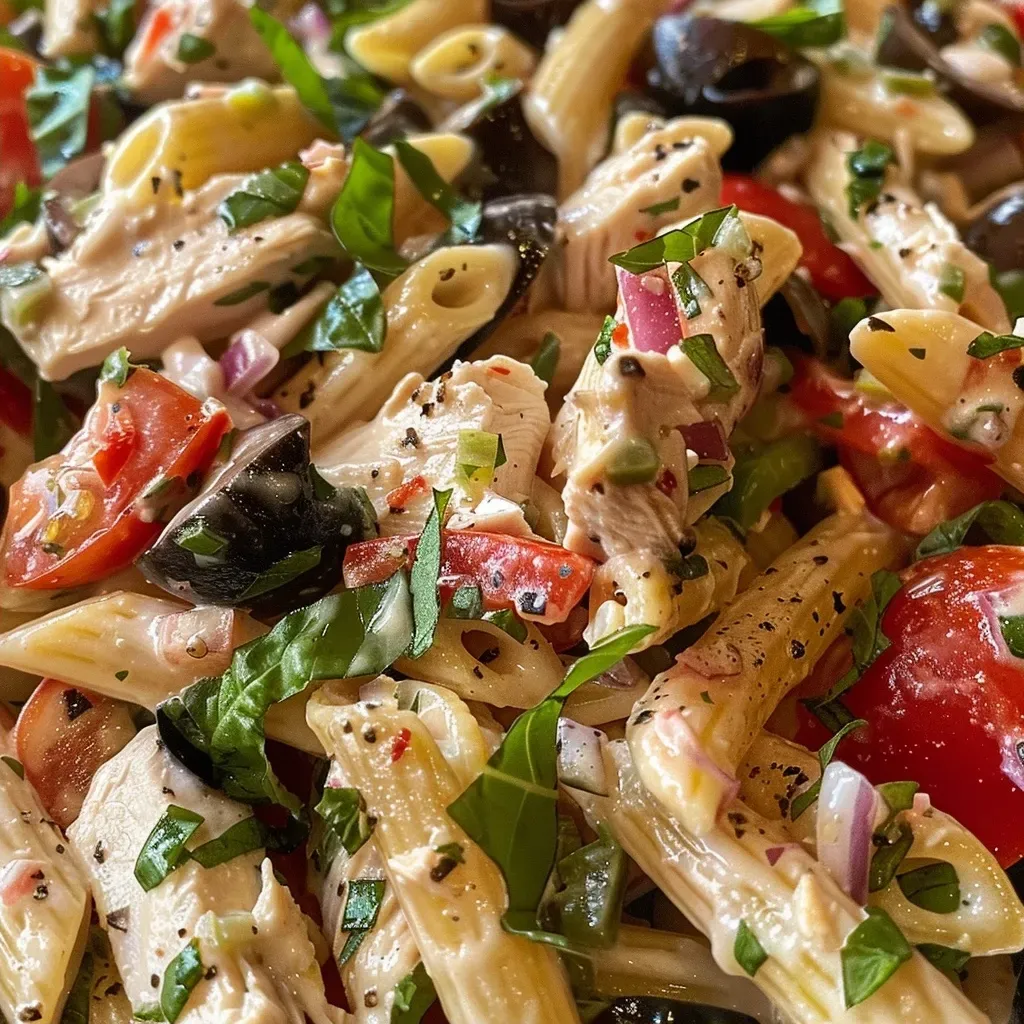 ['A close-up view of a colorful chicken pasta salad served in a bowl, featuring penne, broccoli, and diced red pepper.', 'Side view of a vibrant chicken and pasta salad, showcasing fresh ingredients like corn, onions, and a drizzle of ranch dressing.', 'A deliciously plated chicken pasta salad with small broccoli florets and bright red pepper, highlighted with a splash of olive oil.', 'Close-up of a mouthwatering chicken salad with short pasta, fresh vegetables, and garnished with herbs on a wooden surface.']