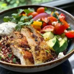 ['A close-up view of a colorful Chicken Thigh Power Bowl with vibrant vegetables.', 'Juicy chicken thighs, quinoa, and fresh vegetables in a bowl, captured in detail.', 'A side view of a delicious Chicken Thigh Power Bowl showcasing various ingredients.', 'A vibrant and appetizing Chicken Thigh Power Bowl filled with chicken and vegetables.']