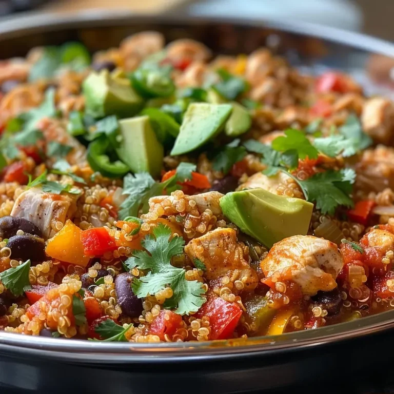 ['Close-up view of a colorful Chicken Quinoa Skillet with diced chicken and vegetables.', 'Side view of a delicious Chicken Quinoa Skillet, featuring vibrant bell peppers and black beans.', 'Juicy Chicken Quinoa Skillet in a skillet, garnished with cheese and fresh toppings.', 'A hearty Chicken Quinoa Skillet with quinoa, chicken pieces, and a medley of vegetables.']
