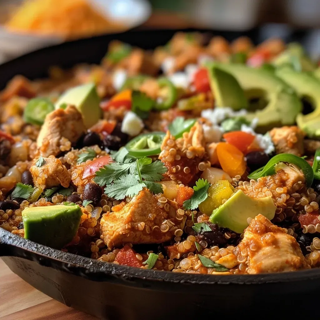 Close-up view of a colorful Chicken Quinoa Skillet with diced chicken and vegetables.