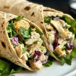 ['Close-up view of a Chicken Salad Protein Wrap filled with diced chicken, greens, and cranberries.', 'Side view of a colorful Chicken Salad Protein Wrap showcasing ingredients like chicken, celery, and red onion.', 'Juicy Chicken Salad Protein Wrap on a plate, revealing layers of chicken and vegetables.', 'Delicious-looking Chicken Salad Protein Wrap, highlighting the fresh ingredients and whole wheat tortilla.']