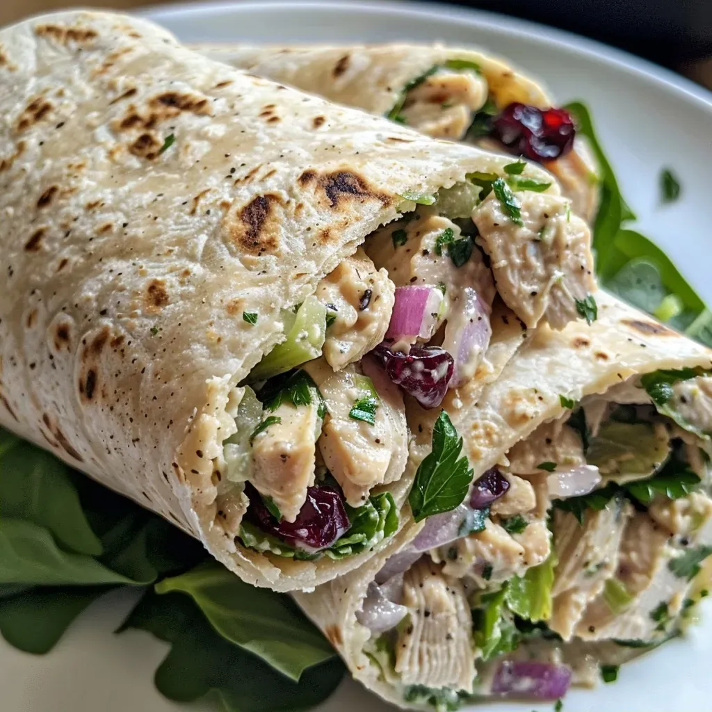 Close-up view of a Chicken Salad Protein Wrap filled with diced chicken, greens, and cranberries.