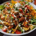 ['Close-up view of a delicious Chicken Taco Salad with vibrant vegetables and toppings.', 'Side shot of a colorful Chicken Taco Salad featuring greens and toppings on a plate.', 'Detailed image of Chicken Taco Salad highlighting chicken, lettuce, and salsa in a bowl.', 'Juicy Chicken Taco Salad with crushed tortilla chips and fresh ingredients visible.']