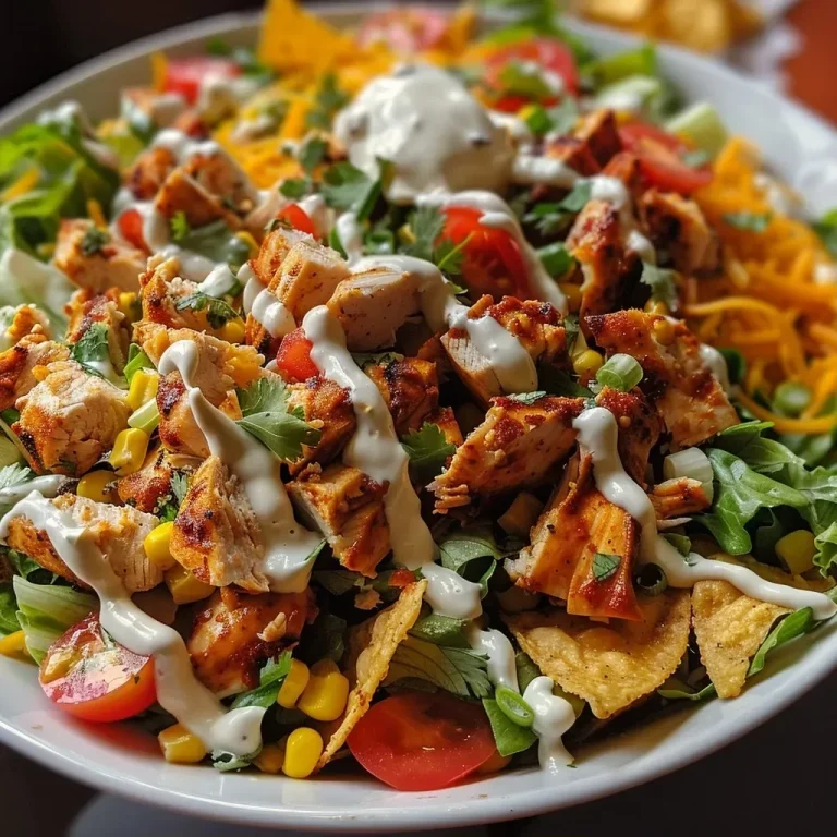 ['Close-up view of a delicious Chicken Taco Salad with vibrant vegetables and toppings.', 'Side shot of a colorful Chicken Taco Salad featuring greens and toppings on a plate.', 'Detailed image of Chicken Taco Salad highlighting chicken, lettuce, and salsa in a bowl.', 'Juicy Chicken Taco Salad with crushed tortilla chips and fresh ingredients visible.']