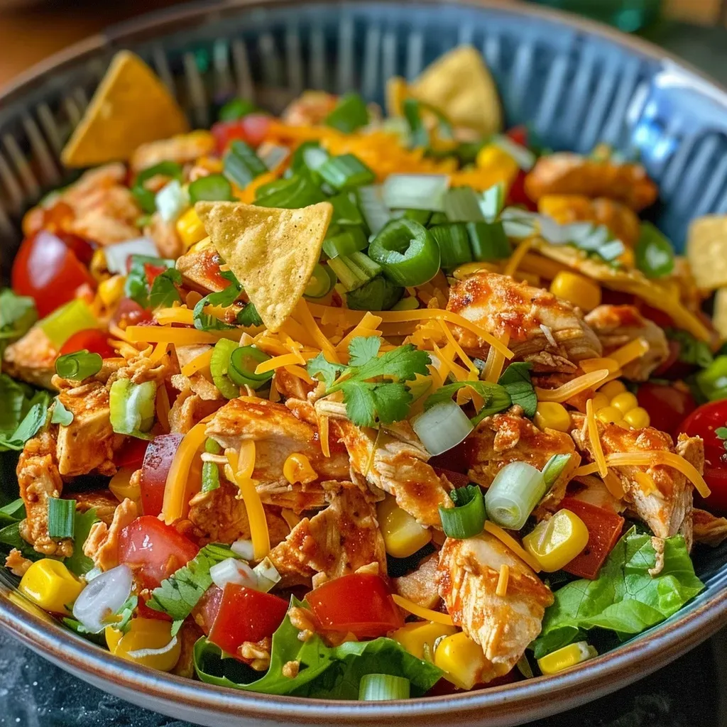['Close-up view of a delicious Chicken Taco Salad with vibrant vegetables and toppings.', 'Side shot of a colorful Chicken Taco Salad featuring greens and toppings on a plate.', 'Detailed image of Chicken Taco Salad highlighting chicken, lettuce, and salsa in a bowl.', 'Juicy Chicken Taco Salad with crushed tortilla chips and fresh ingredients visible.']