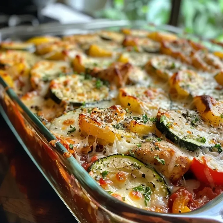 ['Juicy Chicken Zucchini Bake with colorful bell peppers, cheese melting on top.', 'A side view of a Chicken Zucchini Bake filled with chicken, zucchini, and cheese.', 'Close-up of a baked dish featuring chicken, zucchini, and vibrant bell peppers.', 'Deliciously baked chicken and zucchini mixture topped with mozzarella and parmesan cheese.']