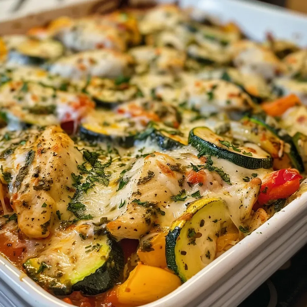 ['Juicy Chicken Zucchini Bake with colorful bell peppers, cheese melting on top.', 'A side view of a Chicken Zucchini Bake filled with chicken, zucchini, and cheese.', 'Close-up of a baked dish featuring chicken, zucchini, and vibrant bell peppers.', 'Deliciously baked chicken and zucchini mixture topped with mozzarella and parmesan cheese.']
