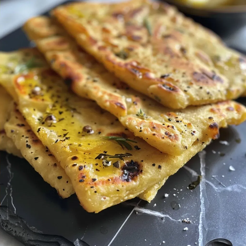 A close-up of a golden-brown chickpea flatbread on a wooden surface.