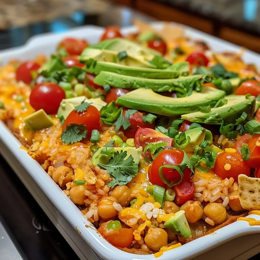A close-up side view of a vibrant Chickpea and Rice Enchilada Bake with melted cheese on top.