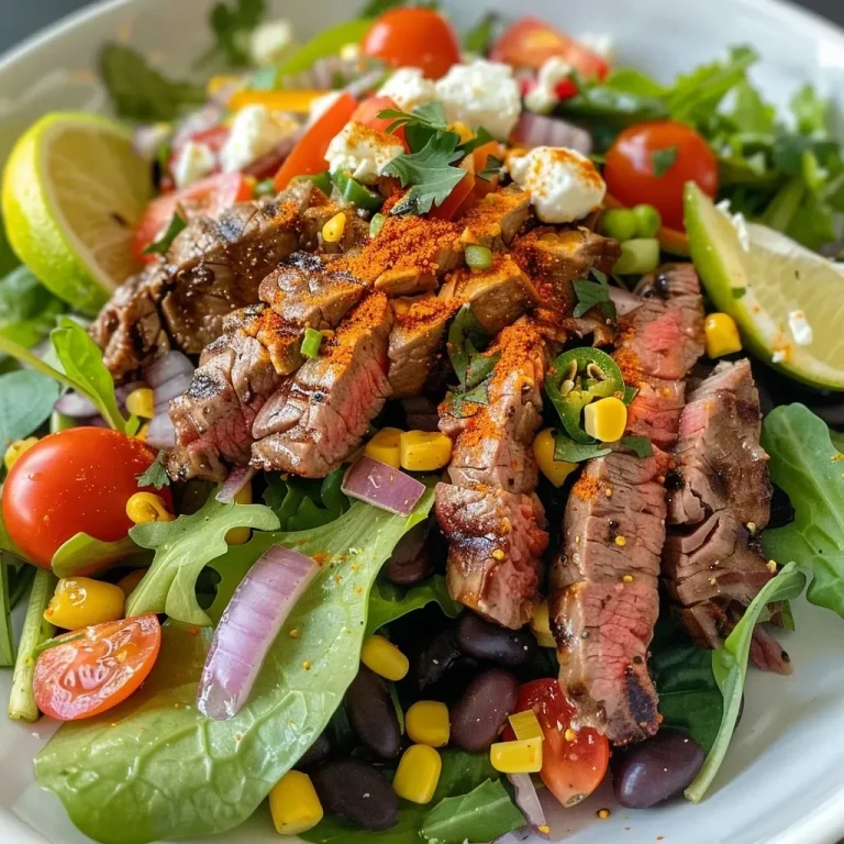 ['A vibrant salad bowl featuring sliced steak, colorful vegetables, and creamy toppings.', 'Close-up view of a steak salad with lime dressing, garnished with avocado and feta.', 'A fresh salad with grilled steak, romaine lettuce, and assorted toppings in a bowl.', 'Detailed shot of a Chilli and Lime Steak Salad, showcasing its fresh ingredients and textures.']