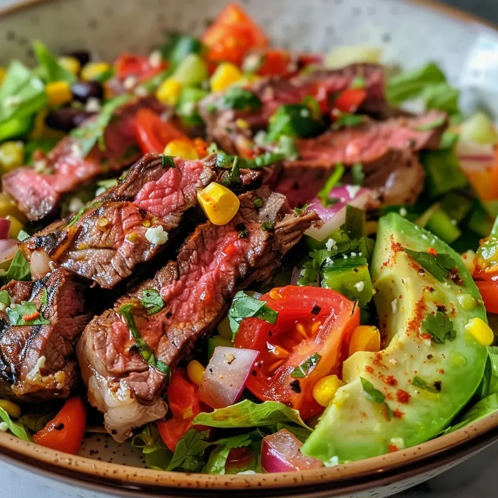 ['A vibrant salad bowl featuring sliced steak, colorful vegetables, and creamy toppings.', 'Close-up view of a steak salad with lime dressing, garnished with avocado and feta.', 'A fresh salad with grilled steak, romaine lettuce, and assorted toppings in a bowl.', 'Detailed shot of a Chilli and Lime Steak Salad, showcasing its fresh ingredients and textures.']