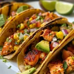 ['Close-up view of Chipotle Lime Salmon Tacos with vibrant toppings.', 'Side view of delicious salmon tacos garnished with avocado peach salsa.', 'Detailed image of Chipotle Lime Salmon Tacos on soft corn tortillas.', 'Juicy salmon tacos topped with cilantro yogurt sauce and fresh ingredients.']