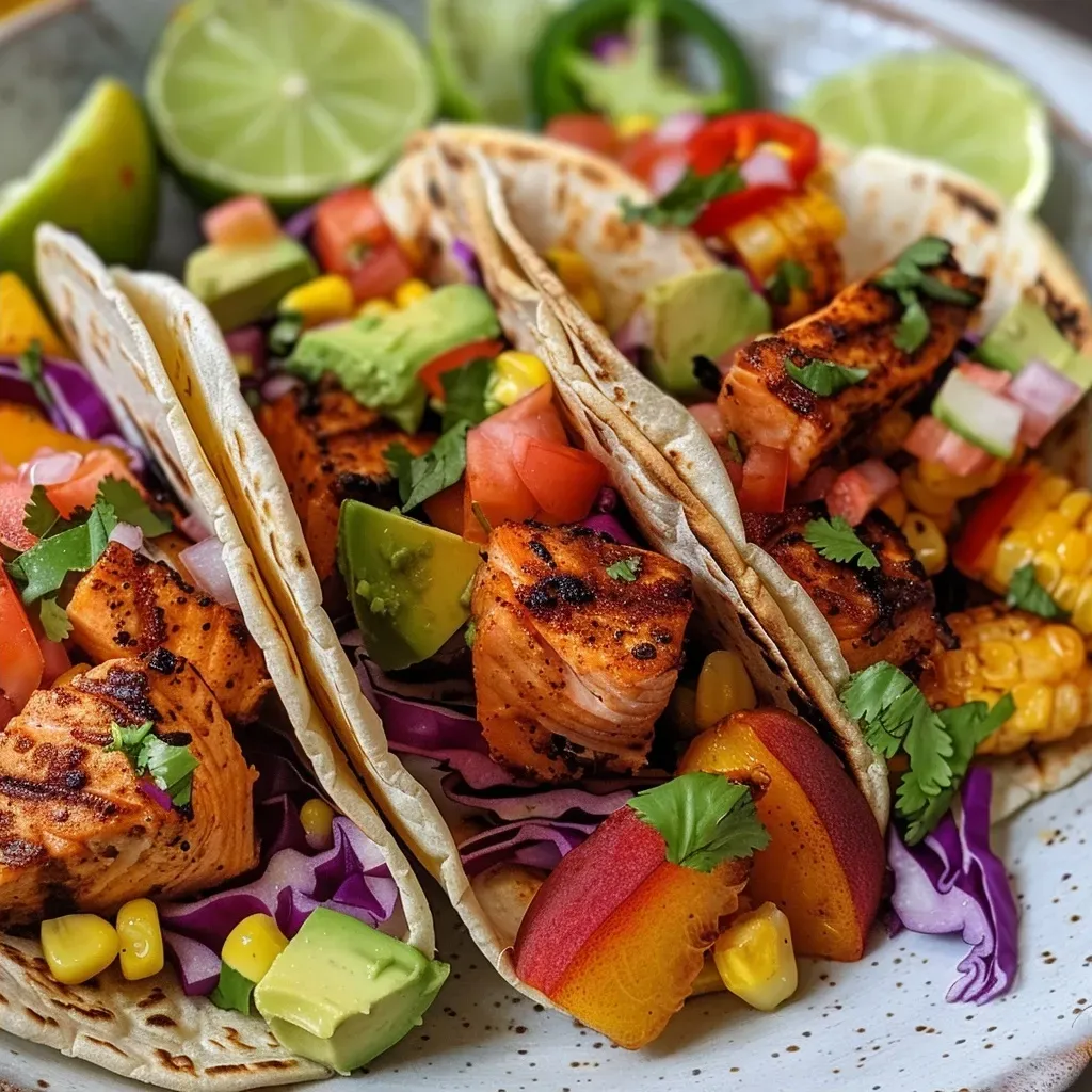 Close-up view of Chipotle Lime Salmon Tacos with vibrant toppings.