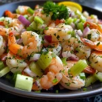 ['Close-up view of a vibrant Classic Shrimp Salad with shrimp and vegetables.', 'Side angle of a Classic Shrimp Salad showcasing shrimp, celery, and red onion.', 'Juicy Classic Shrimp Salad featuring cooked shrimp mixed with fresh ingredients.', 'Colorful bowl of Classic Shrimp Salad filled with shrimp, vegetables, and dressing.']