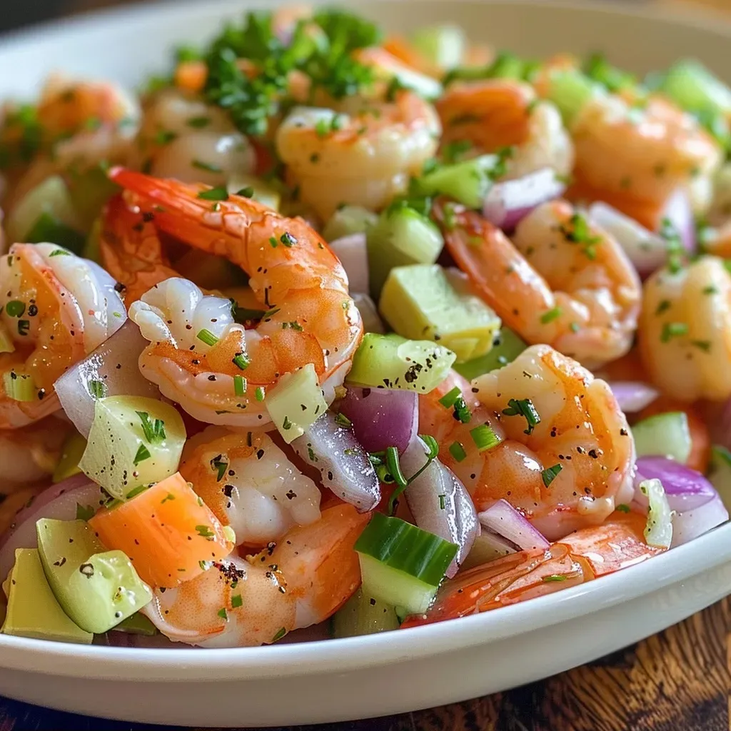 ['Close-up view of a vibrant Classic Shrimp Salad with shrimp and vegetables.', 'Side angle of a Classic Shrimp Salad showcasing shrimp, celery, and red onion.', 'Juicy Classic Shrimp Salad featuring cooked shrimp mixed with fresh ingredients.', 'Colorful bowl of Classic Shrimp Salad filled with shrimp, vegetables, and dressing.']