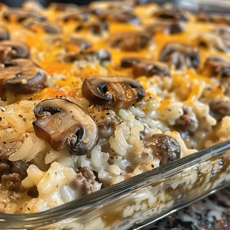 ['Close-up view of a creamy beef and mushroom rice bake topped with melted cheese.', 'Side angle of a baked dish featuring ground beef, mushrooms, and rice in a creamy sauce.', 'Juicy and delicious creamy beef and mushroom rice bake served in a baking dish.', 'A hearty serving of creamy beef rice casserole with mushrooms and cheese on top.']
