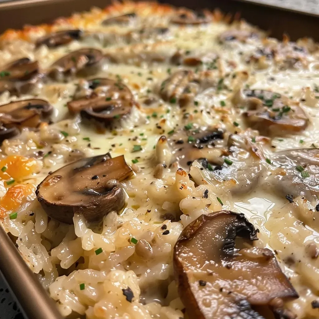 ['Close-up view of a creamy beef and mushroom rice bake topped with melted cheese.', 'Side angle of a baked dish featuring ground beef, mushrooms, and rice in a creamy sauce.', 'Juicy and delicious creamy beef and mushroom rice bake served in a baking dish.', 'A hearty serving of creamy beef rice casserole with mushrooms and cheese on top.']