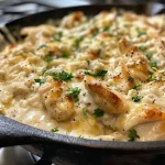 ['Close-up view of creamy cheddar chicken dish with vibrant colors.', 'Deliciously plated creamy cheddar chicken with herbs garnish.', 'Side angle of cheddar chicken showcasing creamy texture and seasonings.', 'Detailed shot of cheddar chicken with melted cheese and fresh parsley on top.']
