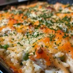 ['Close-up view of a creamy chicken and rice casserole with melted cheese on top.', 'Side perspective of a delicious creamy chicken and rice dish, garnished with parsley.', 'A comforting casserole featuring juicy chicken, rice, and colorful mixed vegetables.', 'Creamy chicken and rice casserole displayed in a baking dish, highlighting its creamy texture.']