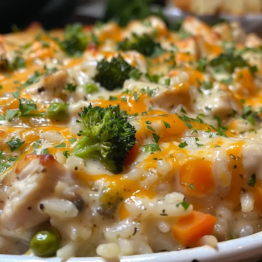 Close-up view of a creamy chicken and rice casserole with melted cheese on top.
