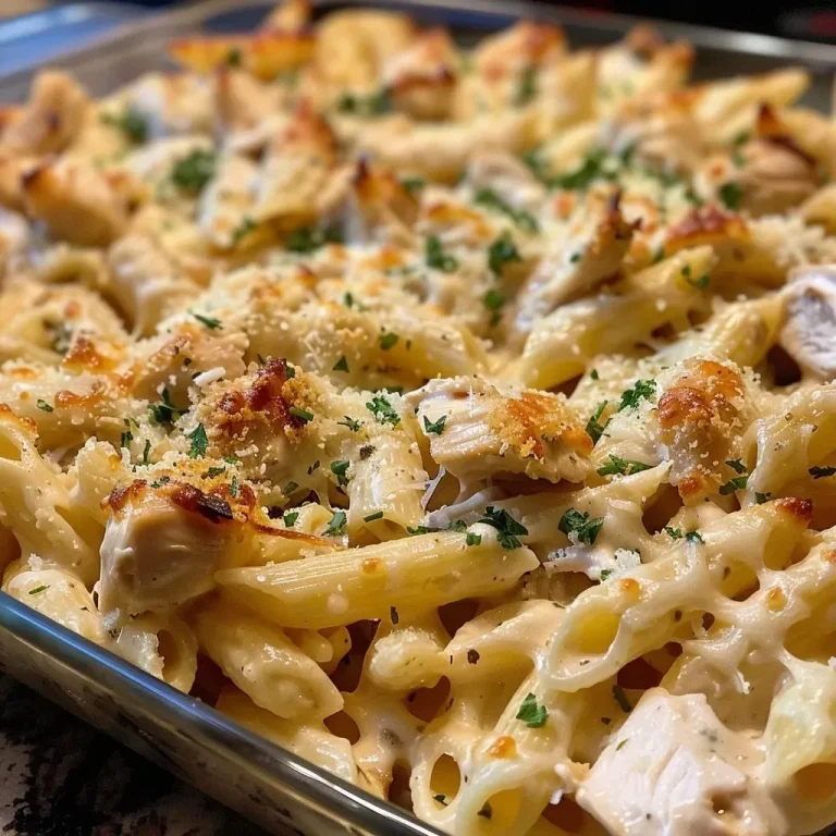 ['A close-up side view of a creamy chicken pasta casserole topped with melted mozzarella cheese.', 'Side view of a tantalizing creamy chicken pasta casserole, showcasing golden cheese and pasta.', 'Juicy chicken pasta casserole with a rich creamy sauce and a crisp topping, viewed from the side.', 'Delicious creamy chicken pasta bake, featuring layers of pasta, chicken, and bubbling cheese.']