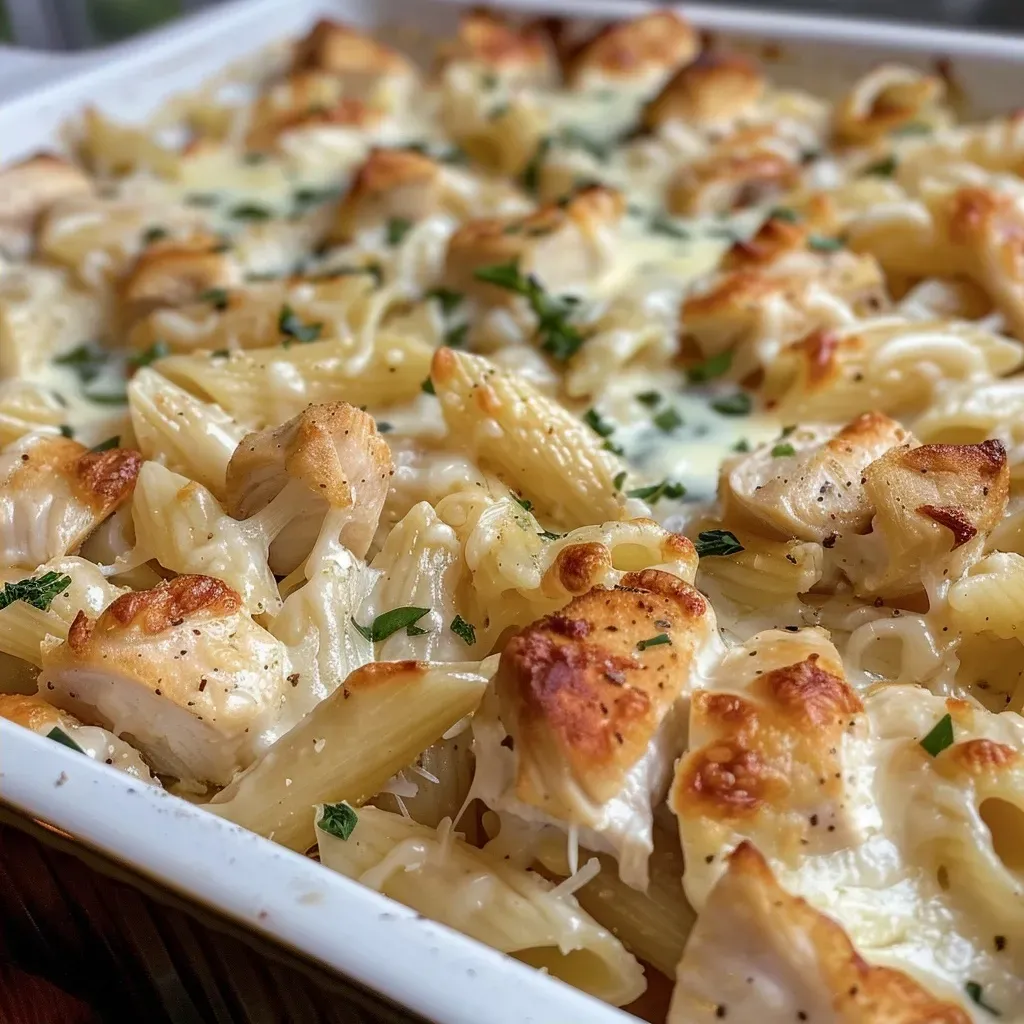 A close-up side view of a creamy chicken pasta casserole topped with melted mozzarella cheese.