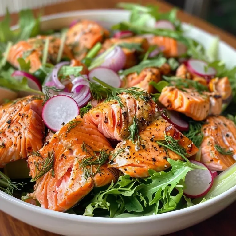 ['Close-up view of a creamy salmon salad garnished with herbs and vegetables.', 'Side view of a colorful salmon salad featuring flaky fish, chopped onions, and radishes.', 'Juicy salmon salad with a creamy dressing, displayed in a bowl with fresh ingredients.', 'Detailed shot of a salmon salad with vibrant colors and a creamy texture, showing fresh ingredients.']