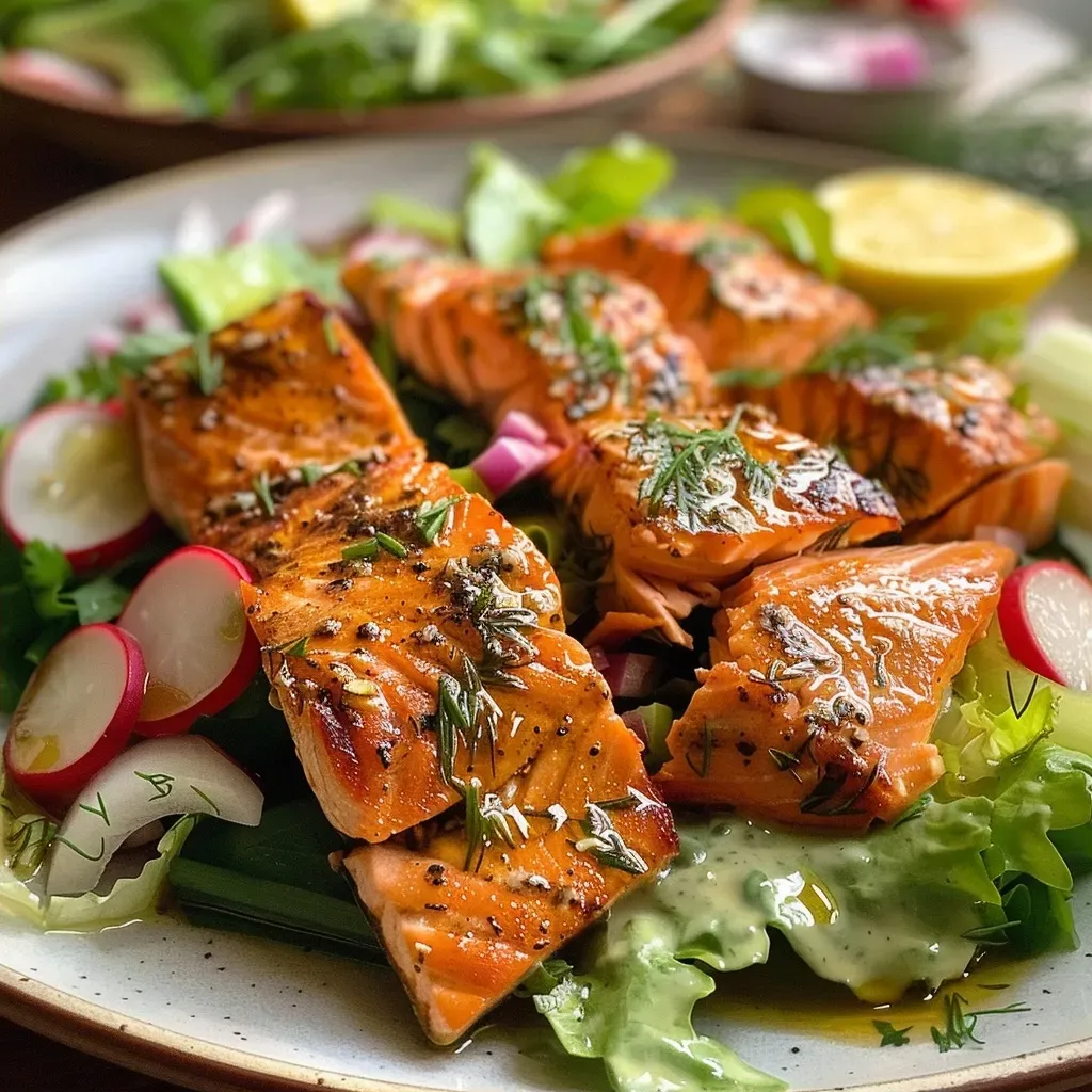 Close-up view of a creamy salmon salad garnished with herbs and vegetables.