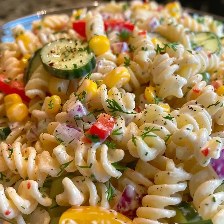 ['Close-up of a creamy pasta salad featuring colorful vegetables.', 'Side view of a vibrant creamy pasta salad with fresh ingredients.', 'Juicy creamy pasta salad displaying chopped veggies and pasta.', 'Delicious creamy pasta salad captured with an emphasis on its texture.']