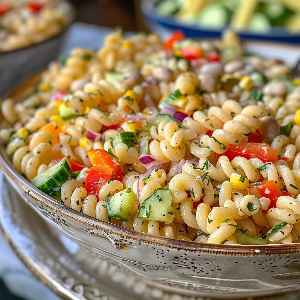 ['Close-up of a creamy pasta salad featuring colorful vegetables.', 'Side view of a vibrant creamy pasta salad with fresh ingredients.', 'Juicy creamy pasta salad displaying chopped veggies and pasta.', 'Delicious creamy pasta salad captured with an emphasis on its texture.']