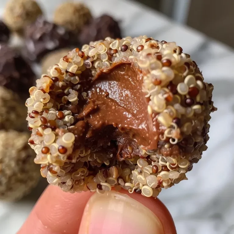 ['Close up of golden brown quinoa bites with a glossy chocolate coating and a sprinkle of sea salt.', 'Side view of crispy quinoa snacks with a rich dark chocolate exterior and visible quinoa texture.', 'Juicy quinoa bites coated in dark chocolate, highlighting their crunchy and chewy appearance.', 'Textured quinoa balls glistening with chocolate and topped with sea salt, displayed on a wooden surface.']