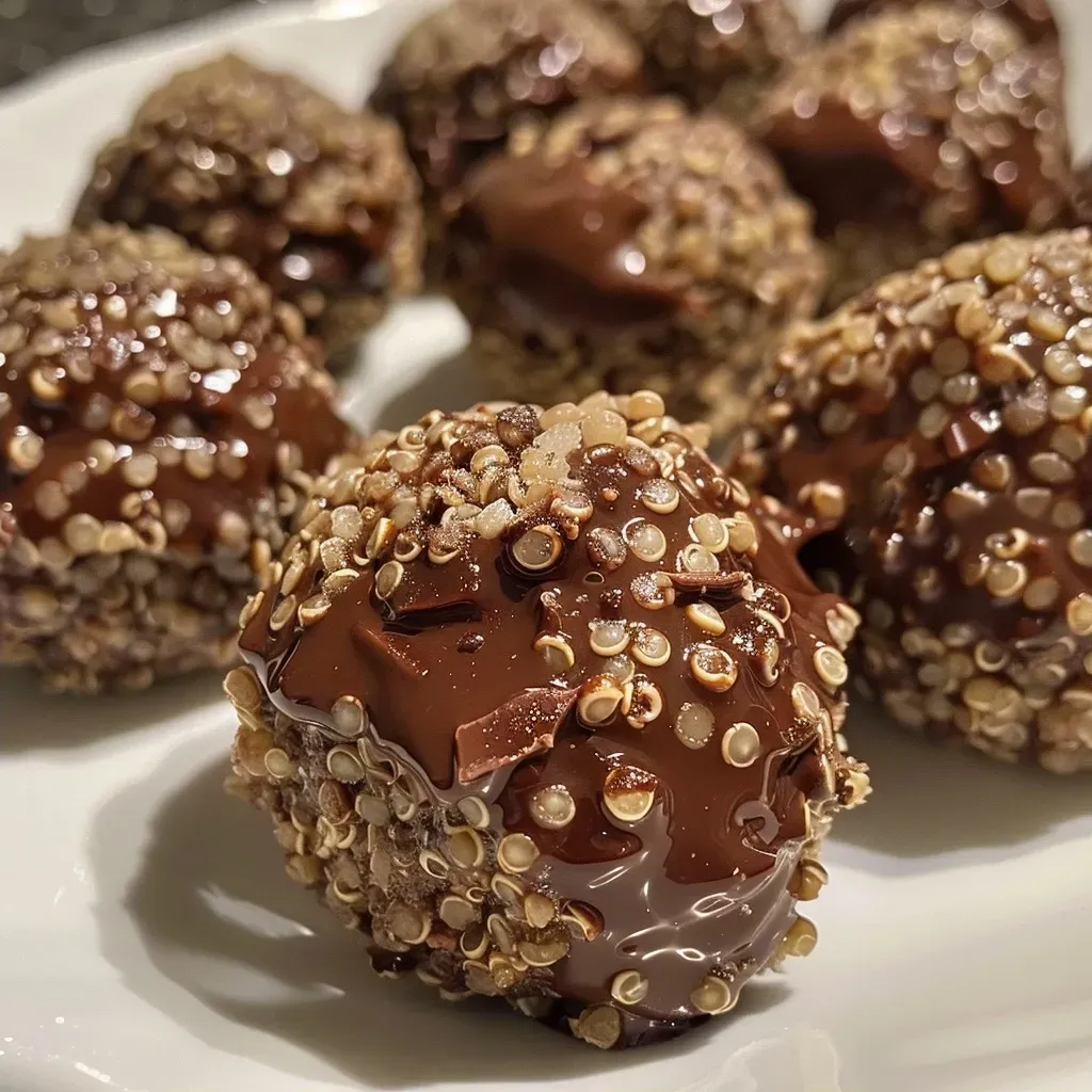 Close up of golden brown quinoa bites with a glossy chocolate coating and a sprinkle of sea salt.